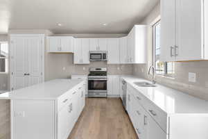 Kitchen with white cabinetry, light hardwood / wood-style flooring, stainless steel appliances, a center island, and sink