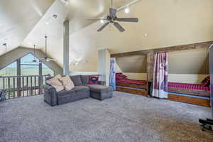 Carpeted living room featuring vaulted ceiling, ceiling fan, and track lighting