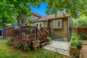 Back deck and yard with a producing raspberry bush!