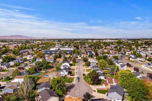 Aerial view of street looking West