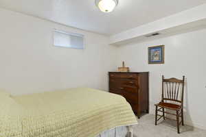 Carpeted bedroom with a textured ceiling