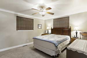 Bedroom featuring crown molding, ceiling fan, and carpet floors