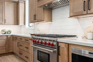 Kitchen with light hardwood / wood-style flooring, decorative backsplash, appliances with stainless steel finishes, and custom range hood