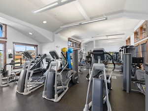 Gym featuring vaulted ceiling