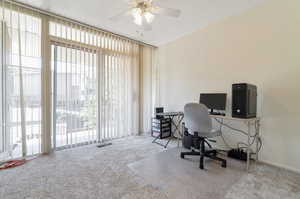 Carpeted home office or bedroom with ceiling fan and plenty of natural light