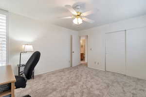 Unfurnished office featuring a healthy amount of sunlight, light carpet, and ceiling fan