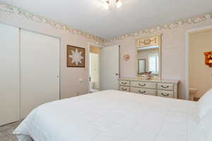 Bedroom featuring light carpet, a closet, and connected bathroom