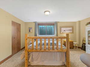 Bedroom featuring a closet, carpet floors, and a textured ceiling
