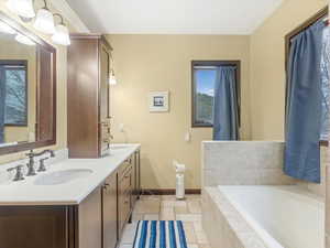 Bathroom with double vanity and a bath