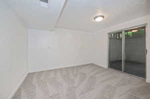 Carpeted spare room featuring a textured ceiling