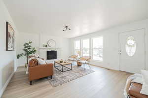 Living room with light hardwood / wood-style flooring and a premium fireplace