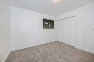 Unfurnished bedroom featuring light carpet and a closet