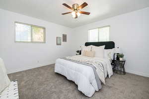 Carpeted bedroom with ceiling fan and multiple windows