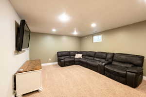 Living room featuring a textured ceiling and light carpet