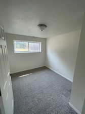 Unfurnished room with a textured ceiling and carpet