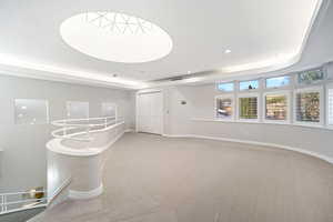 Interior space featuring a raised ceiling and light carpet