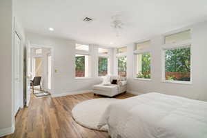 Bedroom featuring ceiling fan, light wood-type flooring, and multiple windows