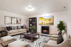 Living room with light carpet