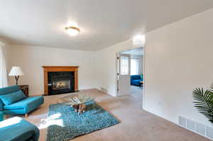 Living room with a premium fireplace and light carpet