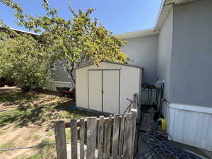 View of yard with a shed