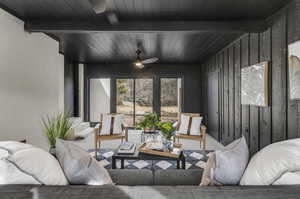 Interior space with beam ceiling, ceiling fan, and wooden ceiling