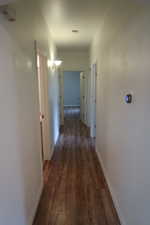 Hallway featuring dark wood-type flooring