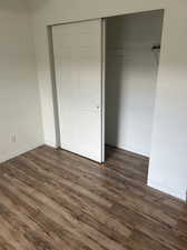 Unfurnished bedroom with dark wood-type flooring and a closet