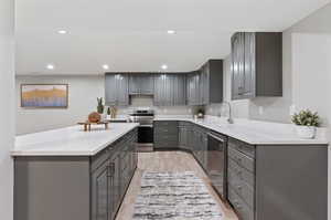 Kitchen featuring light hardwood / wood-style flooring, light stone counters, appliances with stainless steel finishes, gray cabinetry, and sink