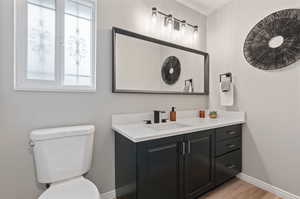 Bathroom with vanity, toilet, and hardwood / wood-style floors