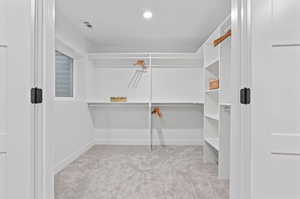 Walk in closet featuring light carpet