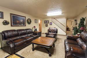 Carpeted living room with a textured ceiling