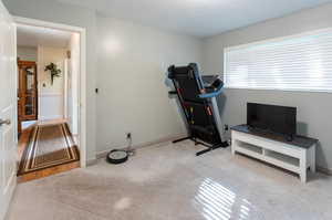 Exercise room with a textured ceiling and light carpet