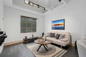 Living room featuring dark wood-type flooring, high vaulted ceiling, and rail lighting