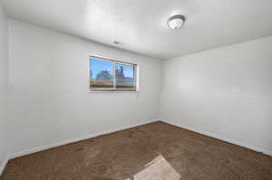 Carpeted spare room featuring a textured ceiling