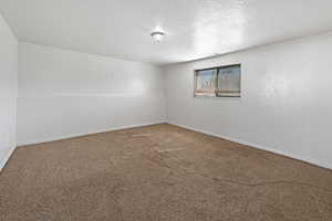 Carpeted spare room with a textured ceiling