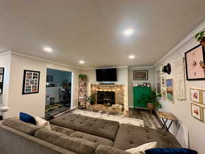 living room with wood burning fireplace