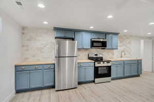 Kitchen featuring stainless steel appliances, wood counters, decorative backsplash, sink, and light hardwood / wood-style floors