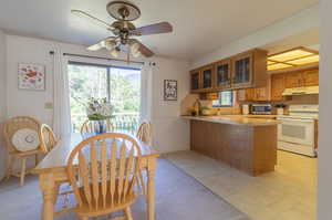 Carpeted dining area with ceiling fan