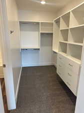 Walk in closet with dark carpet