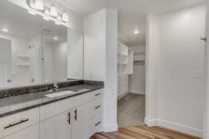 Bathroom featuring walk in shower, wood-type flooring, and vanity