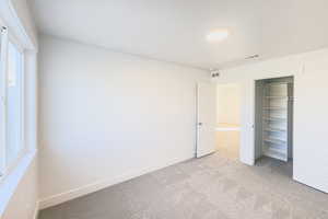 Unfurnished bedroom with multiple windows, light colored carpet, and a closet