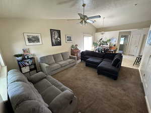 Carpeted living room with ceiling fan, vaulted ceiling, and a textured ceiling