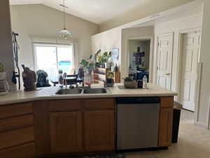 Kitchen view towards dining area and patio