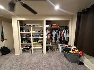 2nd bedroom with charming built-in shelving (closet doors for right side are stored in basement)