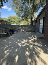 Large Patio on side of house with door to kitchen