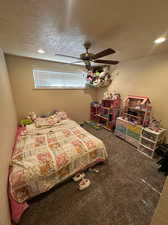 3rd bedroom with can lighting, ceiling fan and brand new carpet