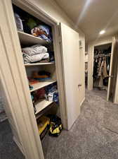 View of hallway with linen closet across from bathroom and coat closet