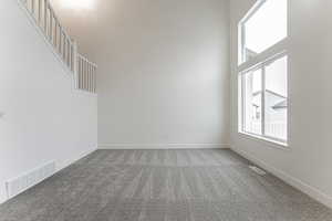 Carpeted empty room with a towering ceiling