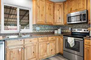 Kitchen featuring light wood-type flooring, appliances with stainless steel finishes, sink, and backsplash