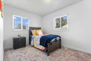 Bedroom featuring light carpet